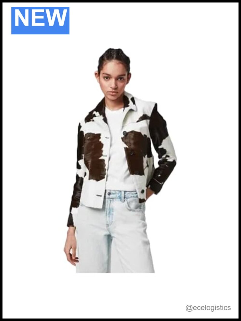 Genuine Cowhide Hair-On Leather Jacket Cropped Button Front Women
